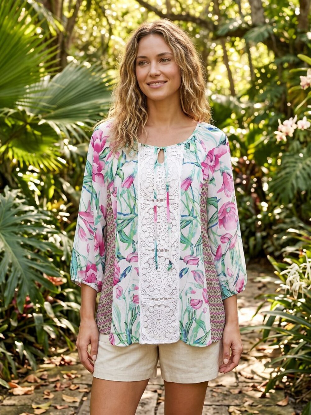Zac Rachel Fairy Botanical Top L Crochet Ethereal Green Pink Boho Artsy Dopamine
